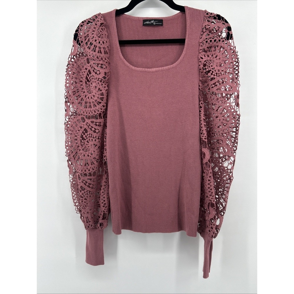 On Twelfth Mauve M Ribbed Knit Statement Sweater Crochet Lace Romantic Whimsy